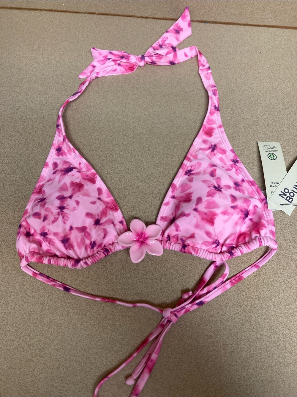 No Boundaries Pink Floral Tie-Back Bikini Top with Flower Accent
